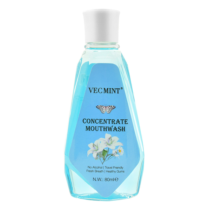 VECMINT अल्कोहल मुक्त 80ml फूलों के स्वाद एंटीबैक्टीरियल केंद्रित मुंह धोने मौखिक धोने दांतों की सफाई