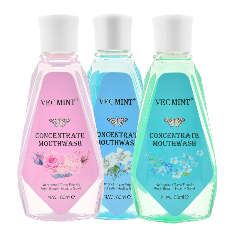VECMINT अल्कोहल मुक्त 80ml फूलों के स्वाद एंटीबैक्टीरियल केंद्रित मुंह धोने मौखिक धोने दांतों की सफाई