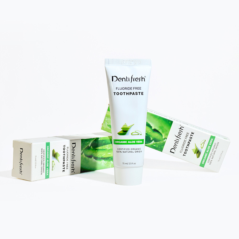 DENTIFRESH प्राकृतिक प्रमाणित एलोवेरा टूथपेस्ट 75ml वयस्क बच्चों के लिए फ्लोराइड मुक्त