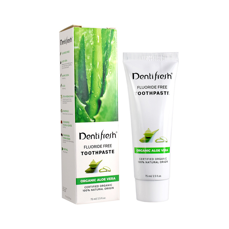 DENTIFRESH प्राकृतिक प्रमाणित एलोवेरा टूथपेस्ट 75ml वयस्क बच्चों के लिए फ्लोराइड मुक्त