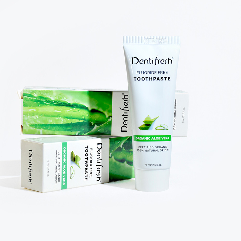DENTIFRESH प्राकृतिक प्रमाणित एलोवेरा टूथपेस्ट 75ml वयस्क बच्चों के लिए फ्लोराइड मुक्त