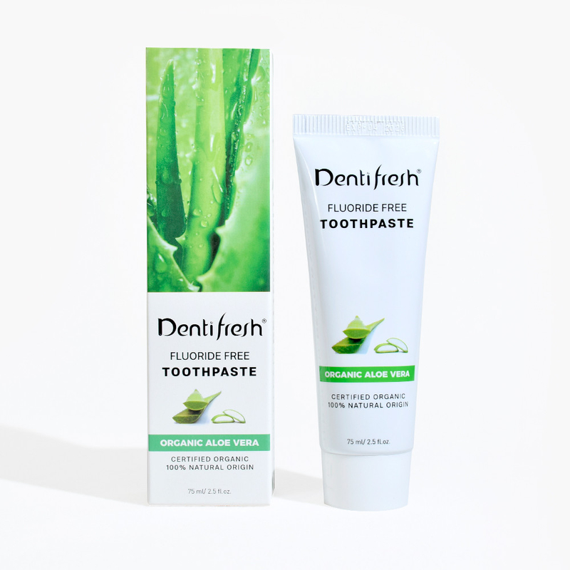 DENTIFRESH प्राकृतिक प्रमाणित एलोवेरा टूथपेस्ट 75ml वयस्क बच्चों के लिए फ्लोराइड मुक्त
